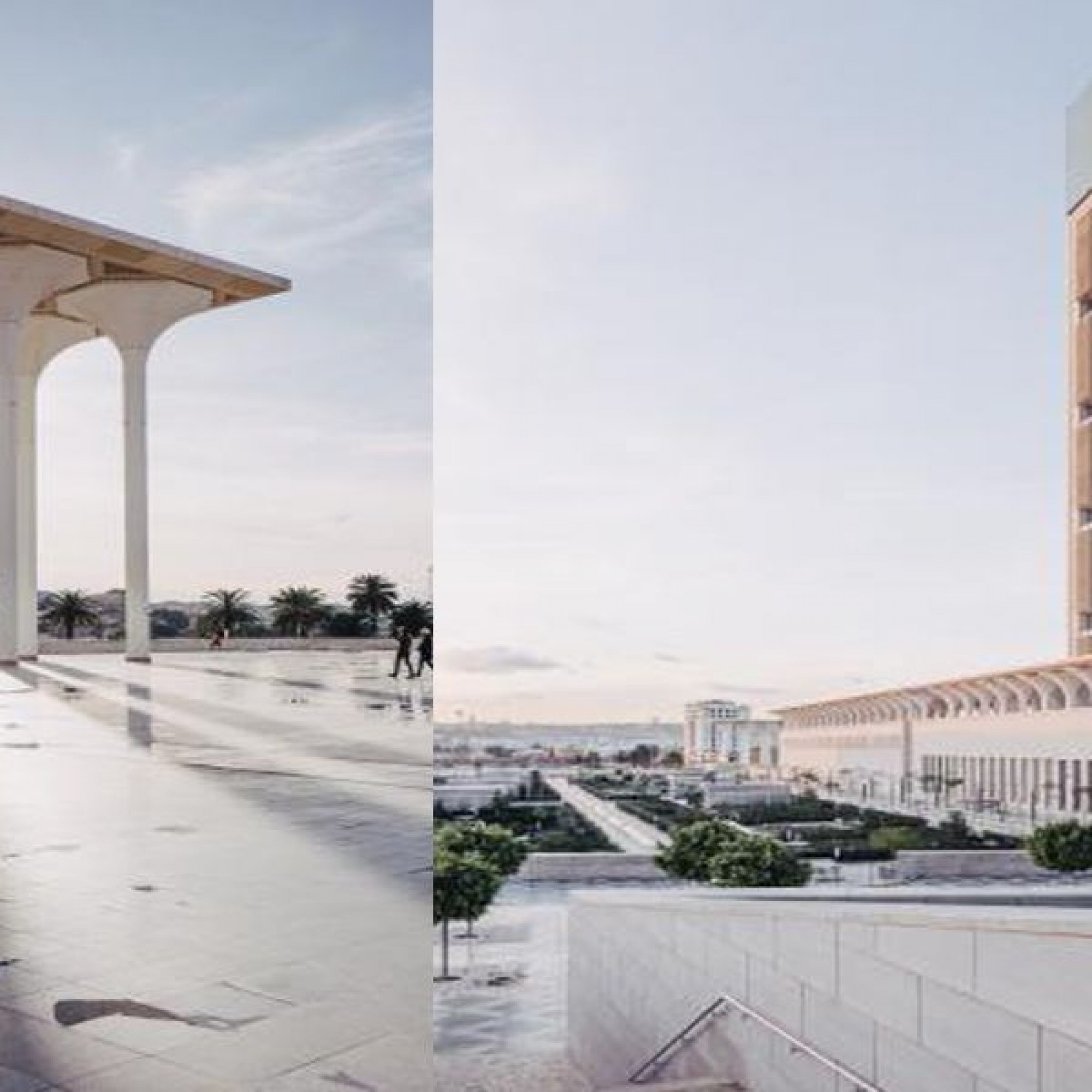 A gauche, les colonnades rappellent l'architecture maghrébine: à droite, le minaret est allemand.