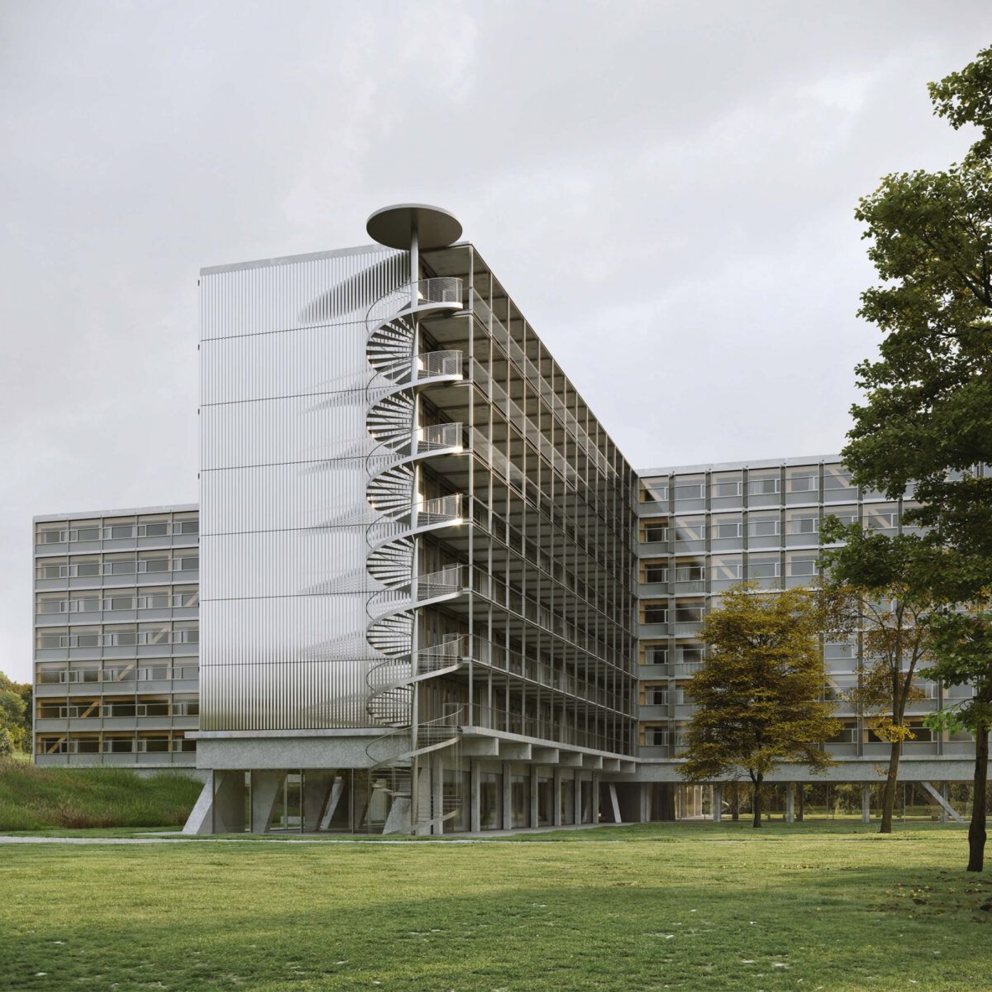 Ce futur bâtiment en forme de croix abritera les logements pour étudiants.