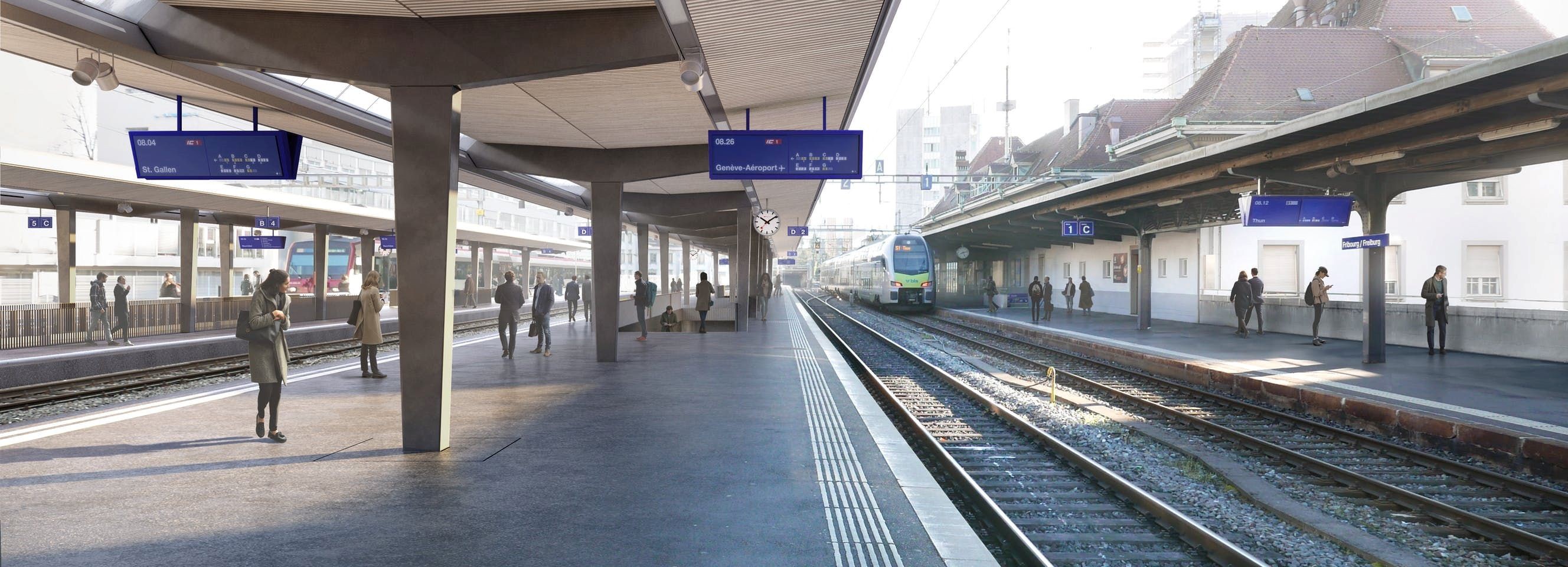 Avec des quais rehaussés, de nouvelles marquises et un deuxième passage sous-voie, la nouvelle gare de Fribourg améliorera dès 2025 le confort de ses usagers.