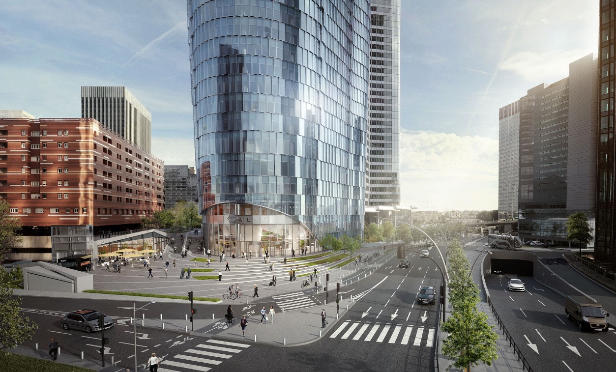 La tour Alto et ses courbures de béton et d'acier dominent La Défense