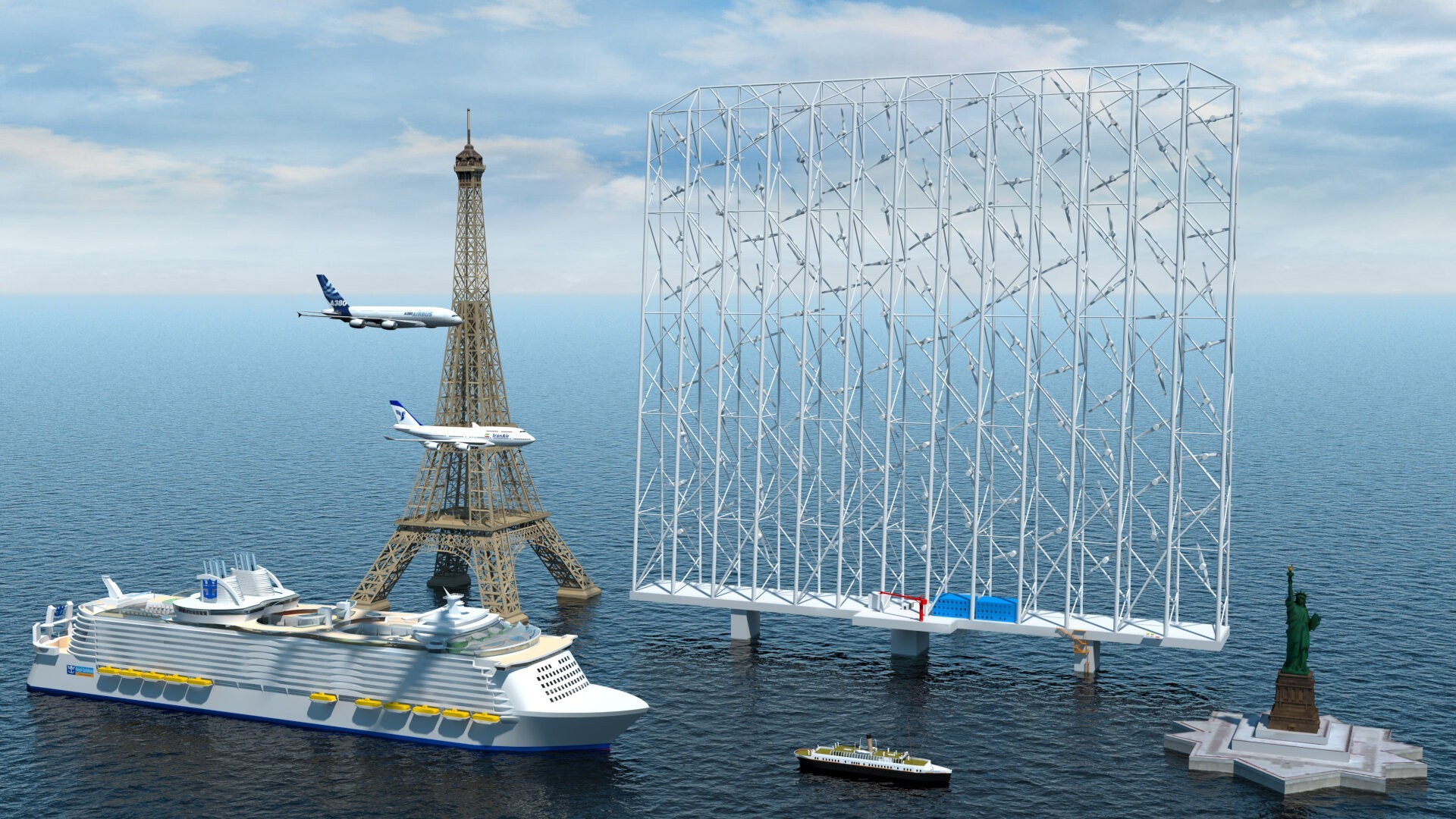 Le système «Wind Catching» se compose d'un grand cadre de 350 m de large avec plusieurs éoliennes fixé sur une plateforme en mer.