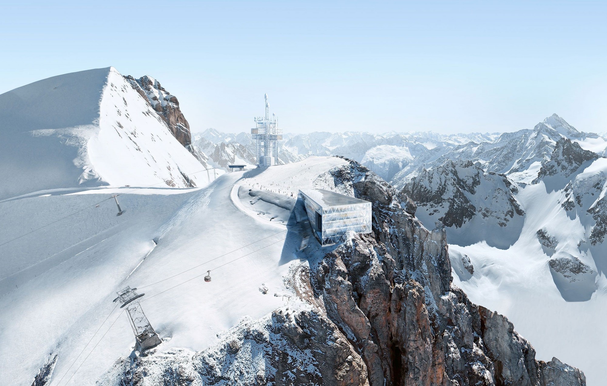 Visualisation du projet 3020 : la station de montagne s'impose sur la roche comme un cristal géant.