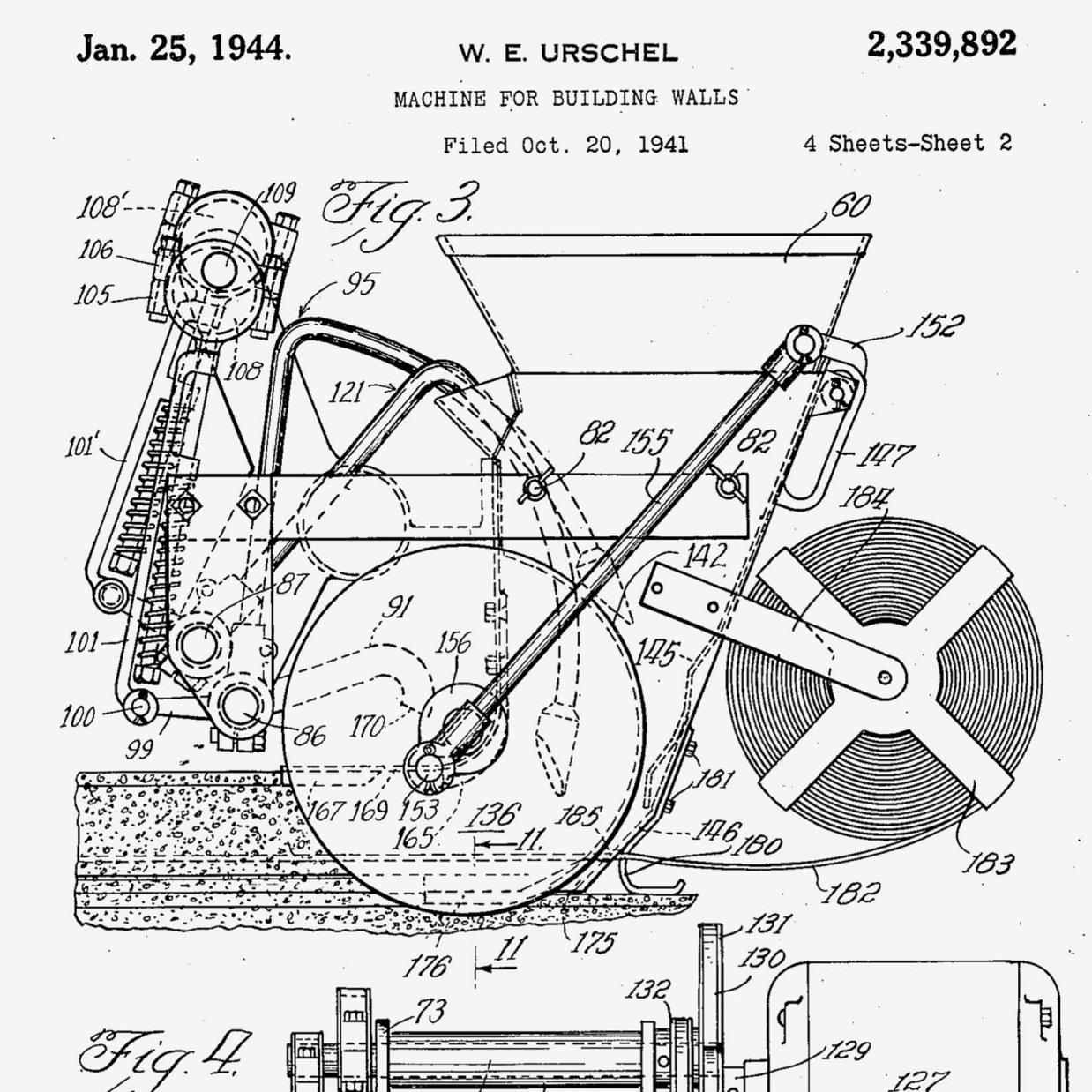 Dessin de brevet de la machine à construire les murs avec une broche pour dérouler le fil d'armature.