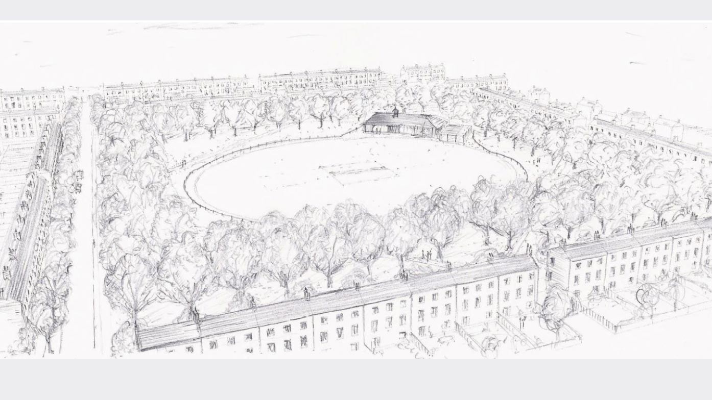Croquis de Ben Pentreath : L'éco-cité du Prince Charles se caractérise par de généreux espaces verts et un terrain de cricket.