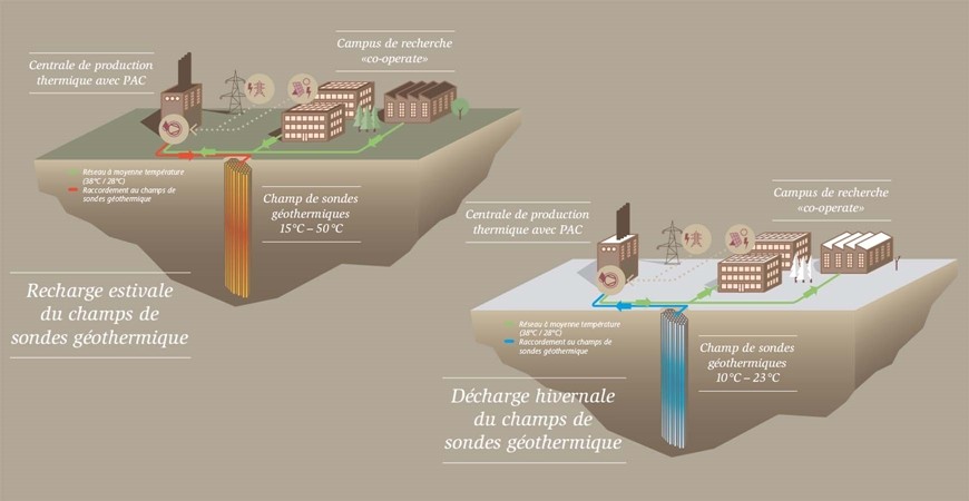 Le réservoir de chaleur est un champ de sondes géothermiques avec un gradient de température comprenant 144 sondes géothermiques qui atteignent jusqu'à 100 m de profondeur dans le sol. La température approche les 50 degrés,