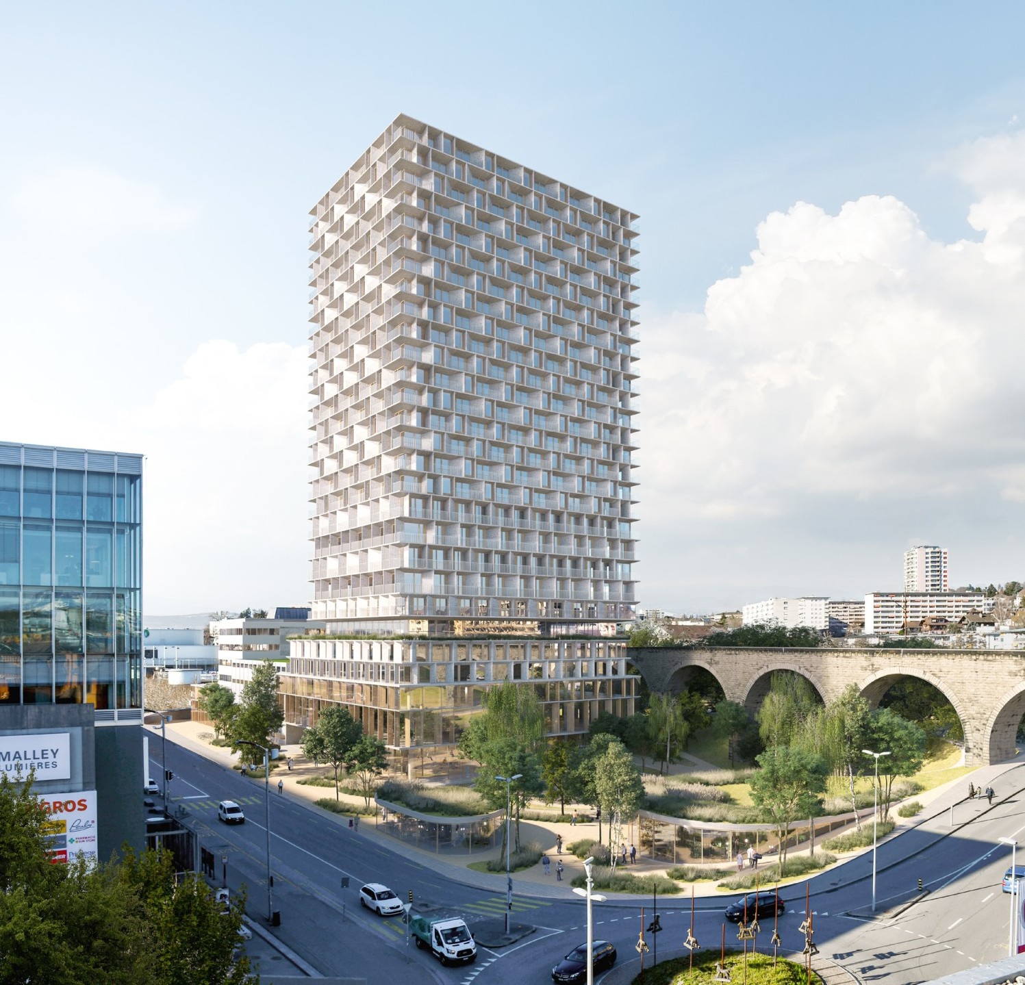 Avec ses 85 mètres de hauteur et 27 étages, la Tilia Tower dominera le quartier de la gare de Malley et ses cinq futures tours.