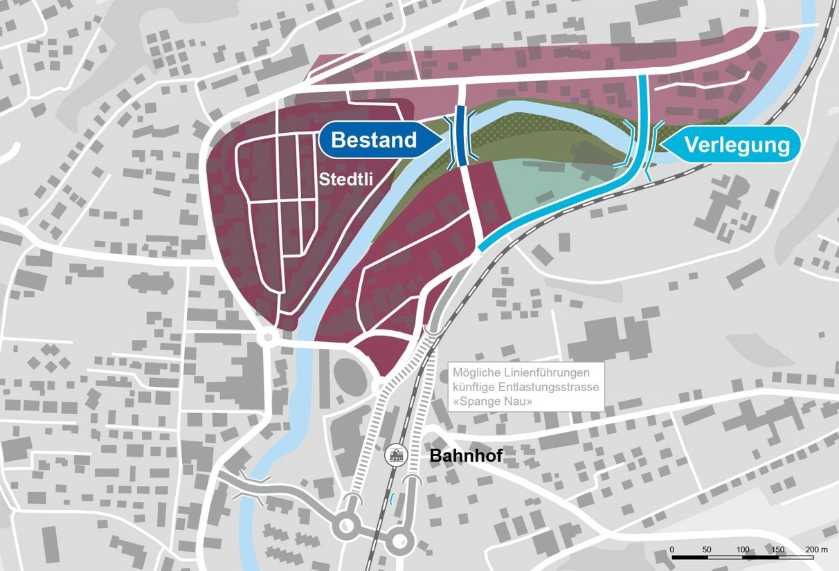 Illustration du déplacement du pont sur la Nau à Laufen. C'est ainsi que le pont de la Nau doit être déplacé selon les plans du canton et de la ville de Laufen.