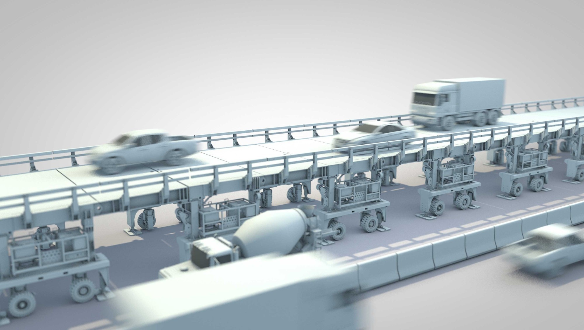 L'Astra-Bridge, large de 7,3 m et haut de 4,32 m, est équipé d'un train de roulement qui lui permet de se soulever hydrauliquement de 10 cm et de se déplacer dans le sens longitudinal et transversal.