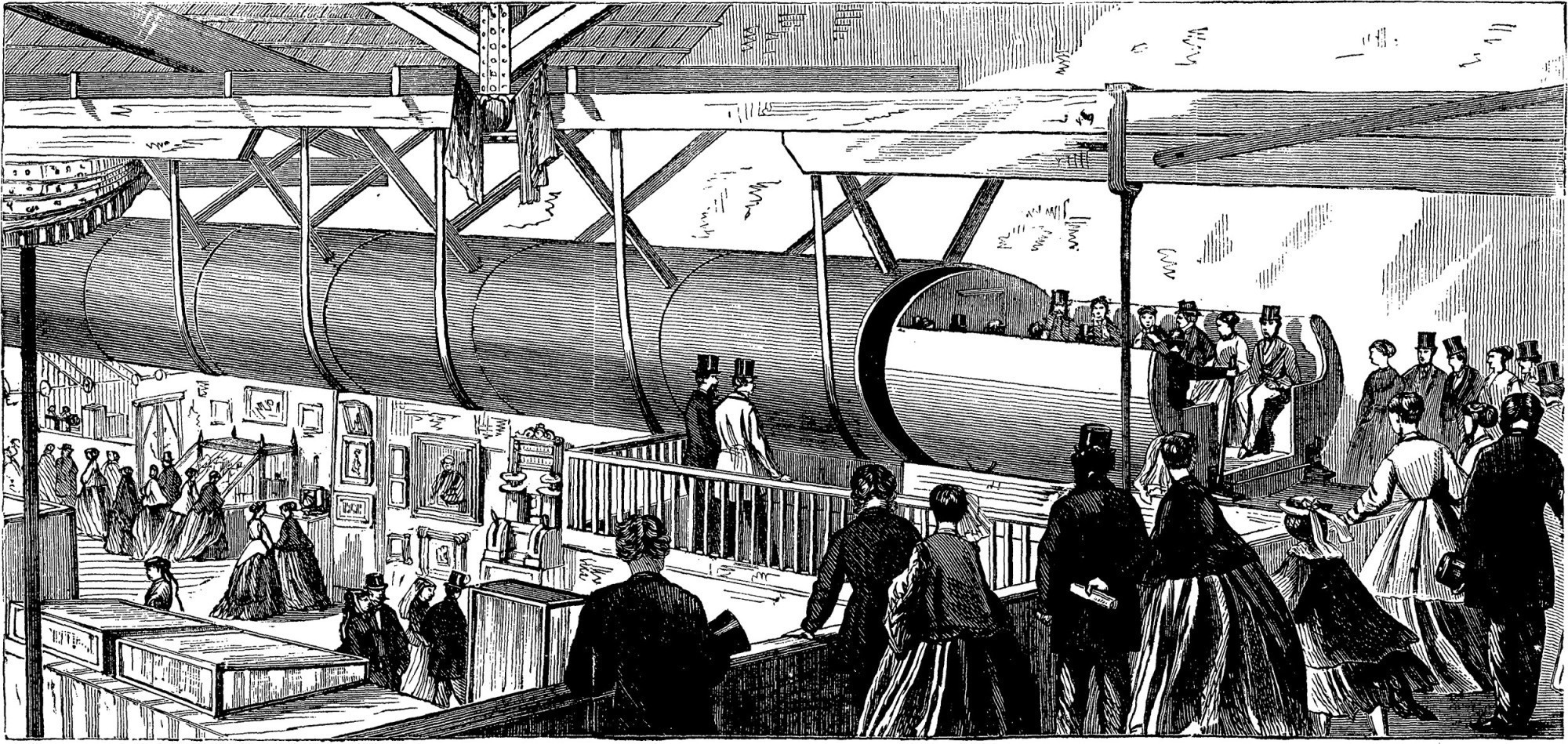 Gare du « Métro pneumatique Beach » lors de la période d'essai en 1870 à New-York. Les wagons étaient acheminés par air comprimé à travers un tunnel.