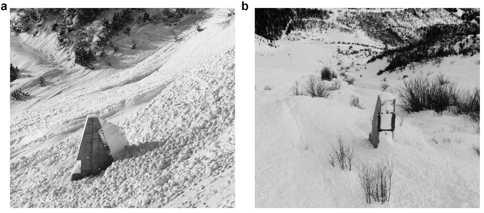 Dépôts d'avalanches sur l'obstacle de la paroi dans la Vallée de la Sionne. La figure a montre une vue latérale de la paroi avec les dépôts d'une avalanche fraîche du 15 janvier 2021. La figure b montre une vue frontale de la paroi avec les dépôts d'une a