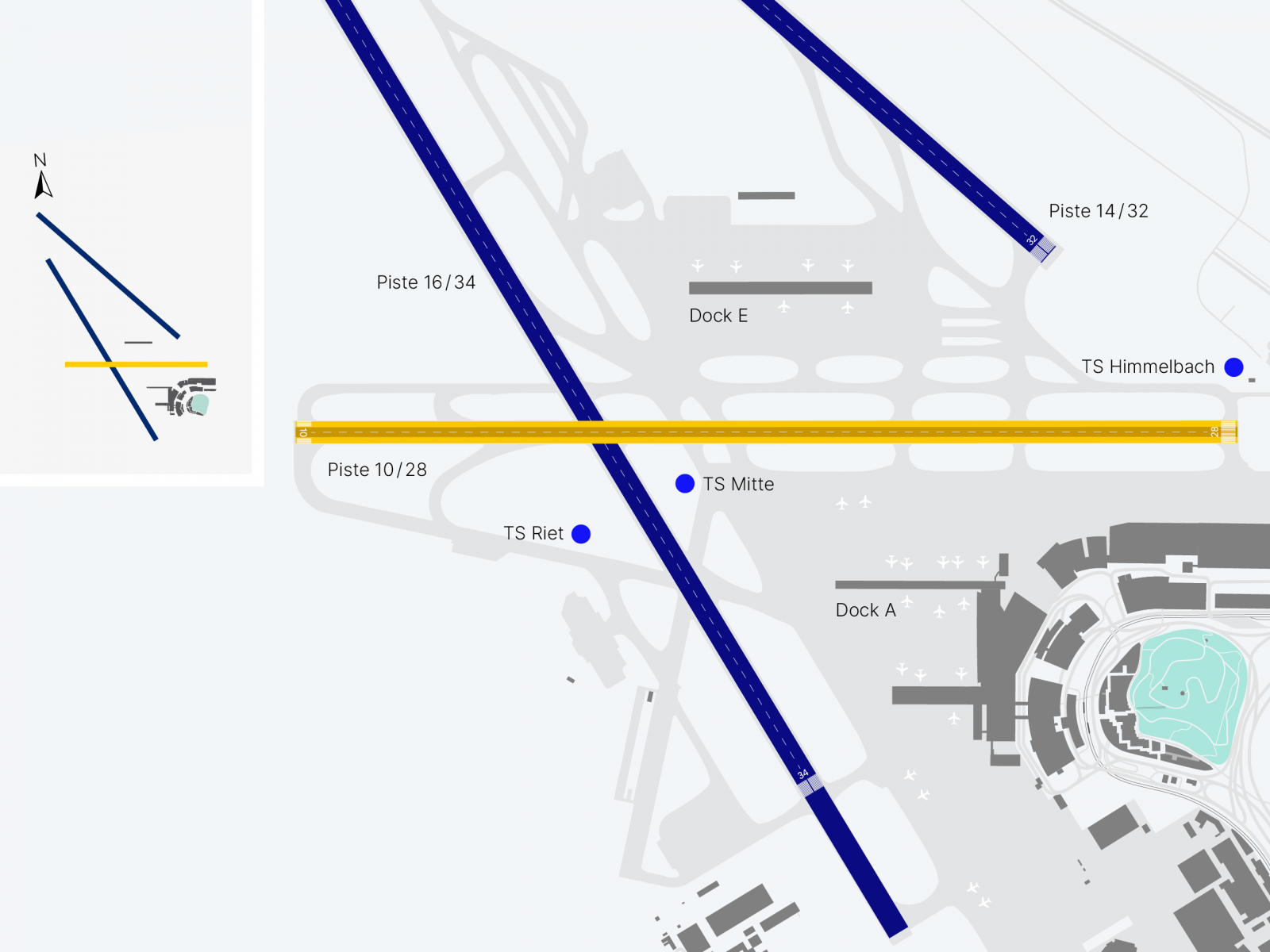 Plan de l'assainissement de la piste de l'aéroport de Zürich. Lors des travaux qui auront lieu la nuit, le terre-plein central de la piste 10/28, large de 22,8 m sera rénové.