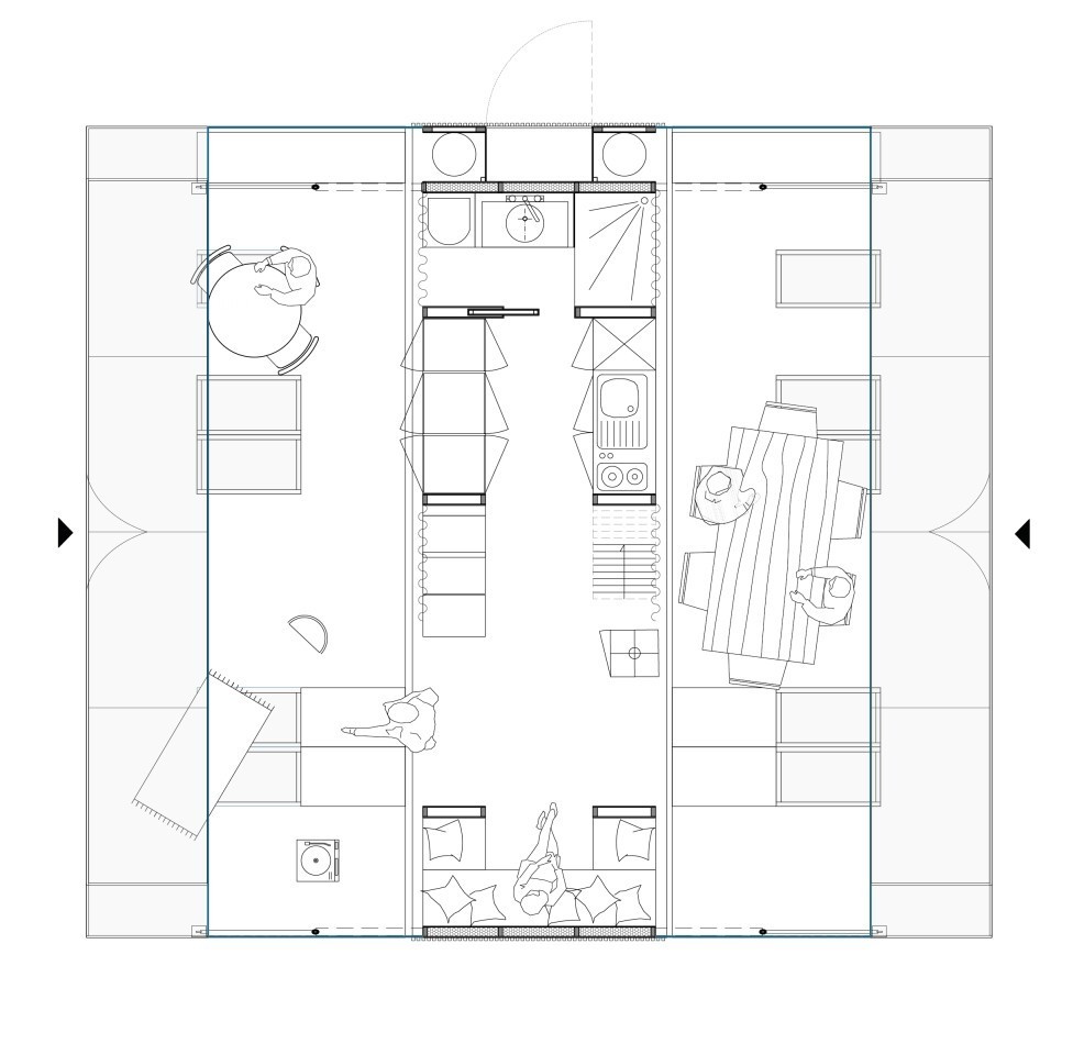 Le plan total de l'espace avec les surfaces dépliées sur le côté.  En procédant de cette manière le concept de la tiny house pliable permet de gagner énormément de place une fois les parois ouvertes et déployées.