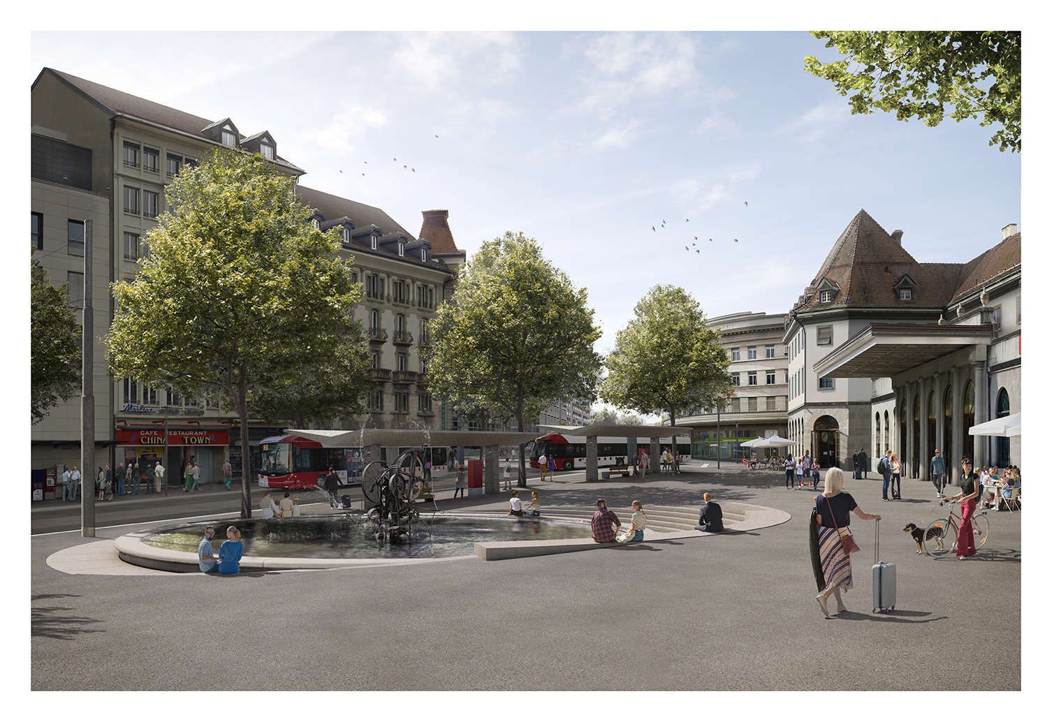 Elément central du projet, la fontaine Jo Siffert s’intégrera dans la pente de la place par un système de gradins.