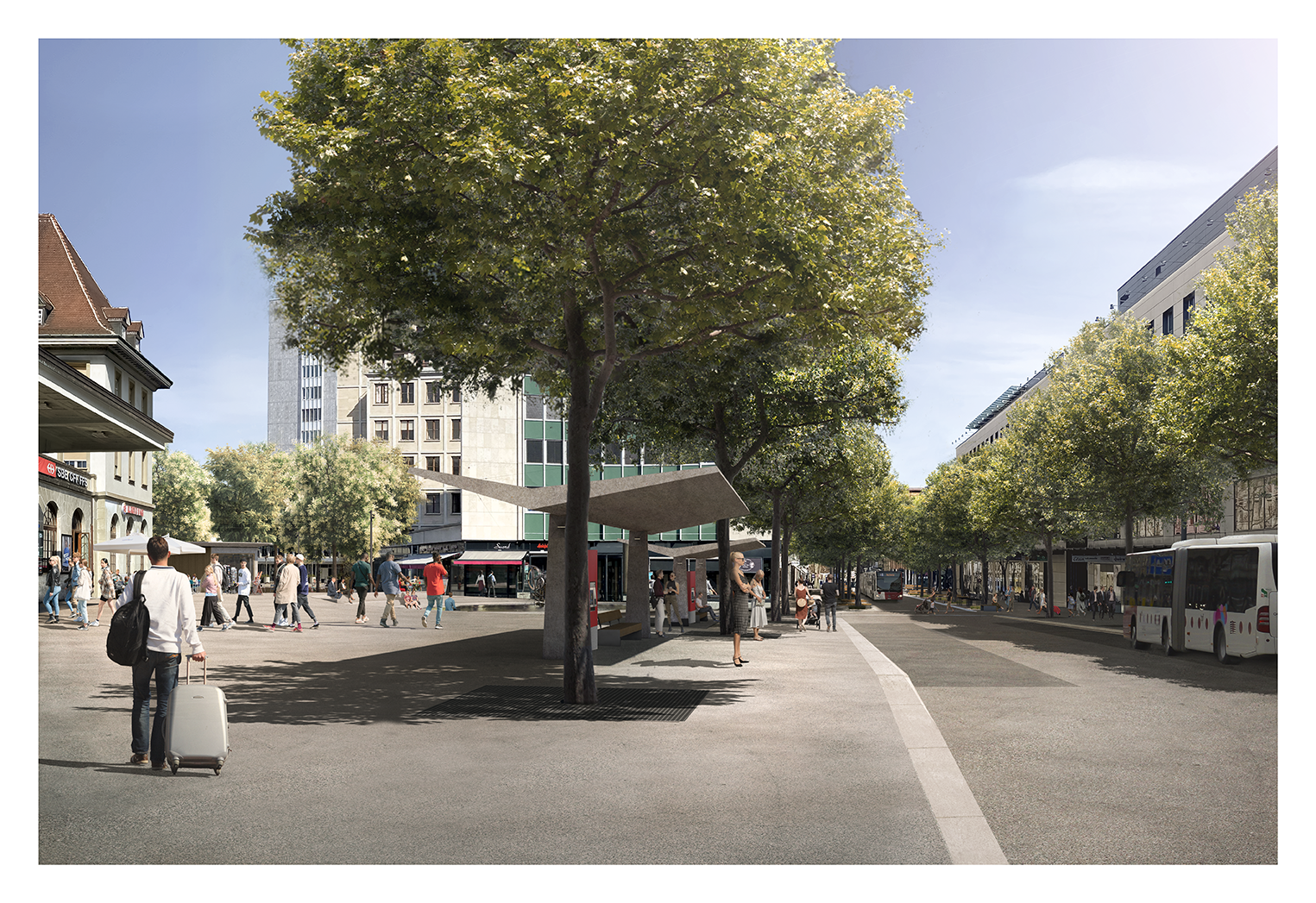 La gare de Fribourg se transformera en une vaste place, aérée munie d'une canopée formée par les arbres du Salon-vert et de larges trottoirs de l'avenue de la Gare plantés de nouveaux arbres et équipés de bancs : tel sera le nouveau visage du secteur Gare