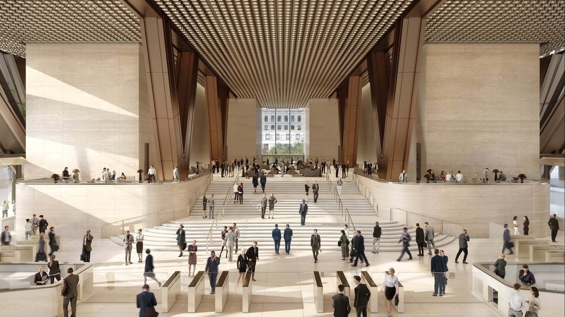 Visualisation de l'intérieur du nouveau siège de la banque JPMorgan Chase à Manhattan.