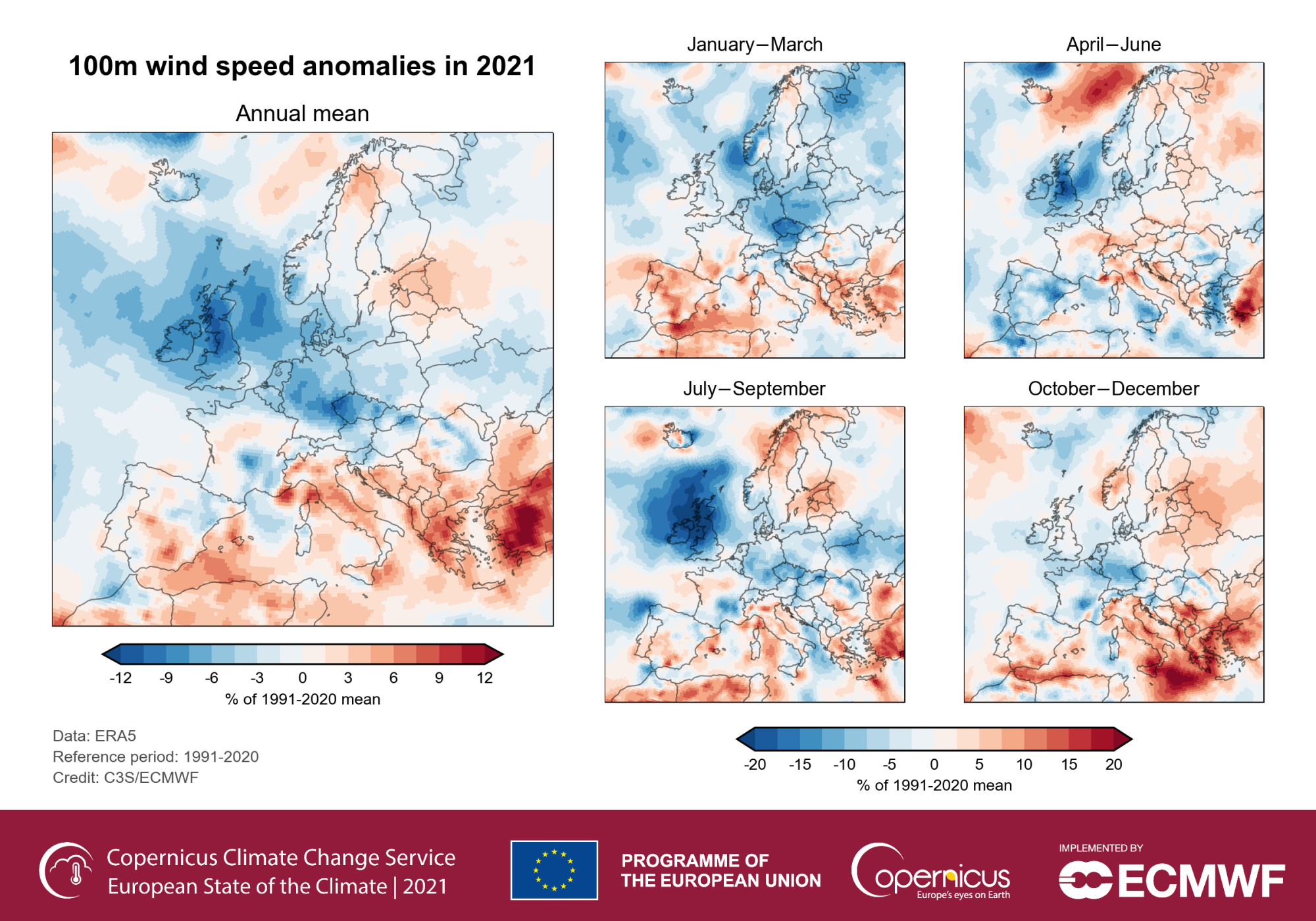 Anomalies moyennes annuelles et trimestrielles de la vitesse du vent à 100 m en 2021, par rapport à la période de référence 1991-2020. Toutes les anomalies sont exprimées en pourcentage de leur moyenne annuelle ou trimestrielle respective pour la période 