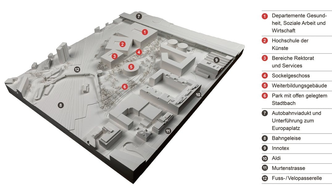 Maquette du futur campus avec les bâtiments universitaires, le bâtiment de formation continue et l'espace extérieur.