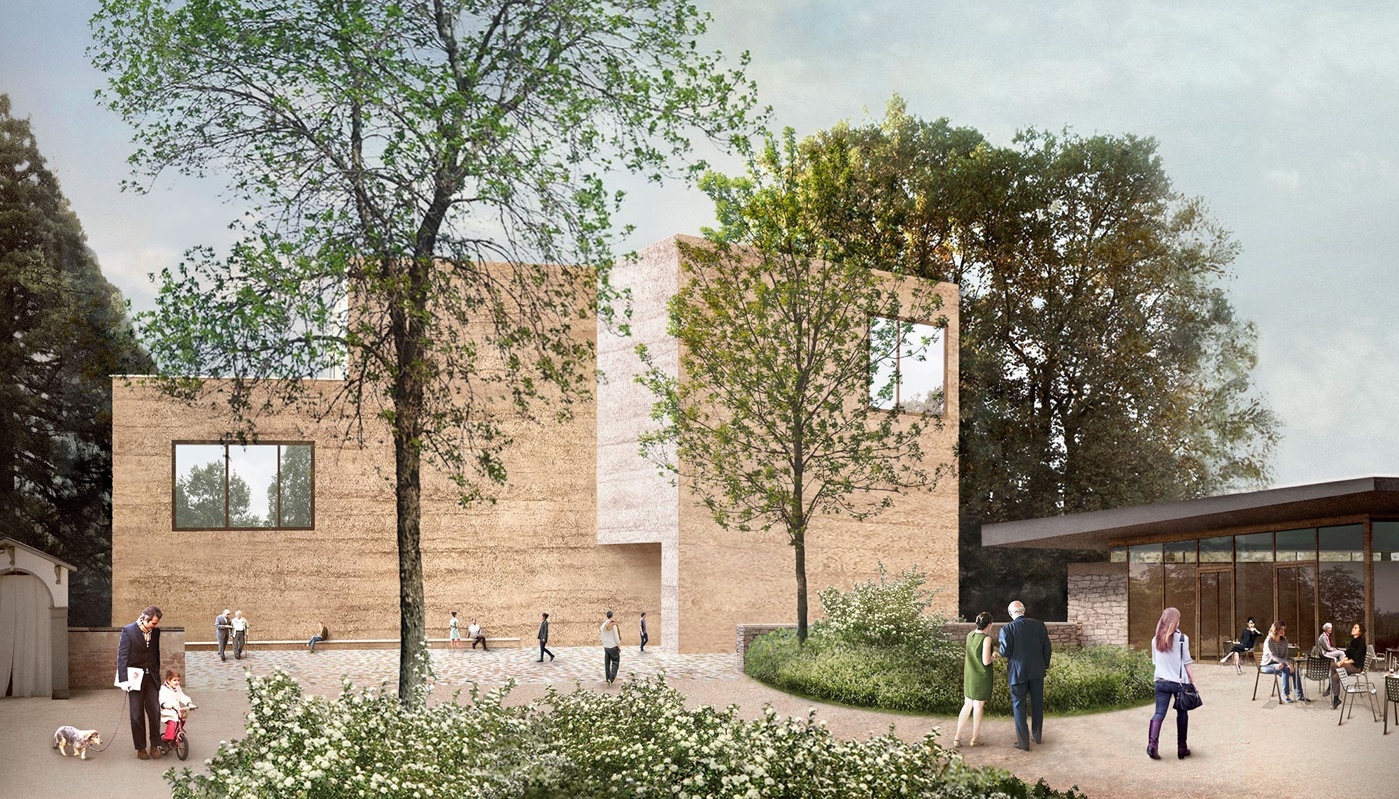 Visualisation du d'extension de la Fondation Beyeler avec l'atelier Peter Zumthor Haus pour l'art (à gauche) et le pavillon (à droite), vue depuis le parc Berower.