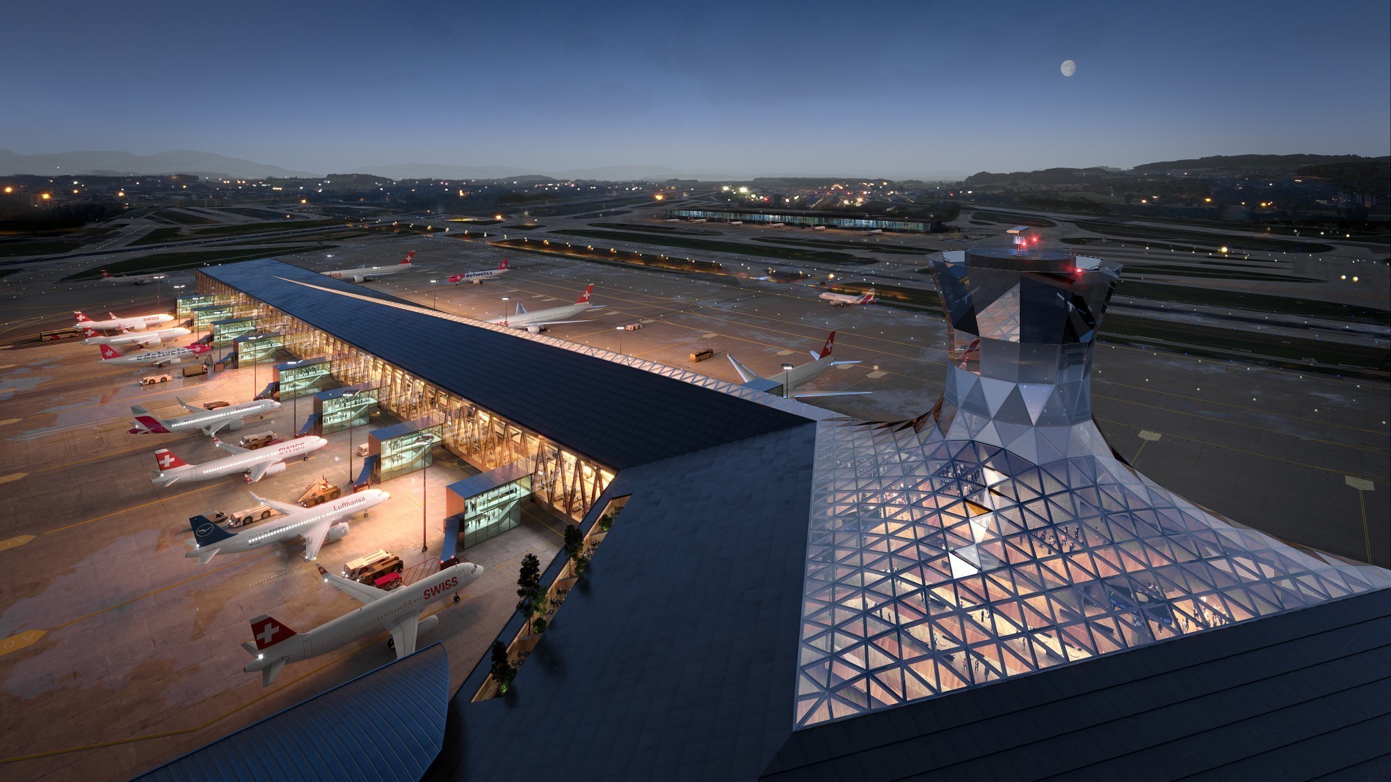 Visualisation du nouveau dock A de l'aéroport de Zurich. le bois sera la matière première choisie pour la construction du terminal.