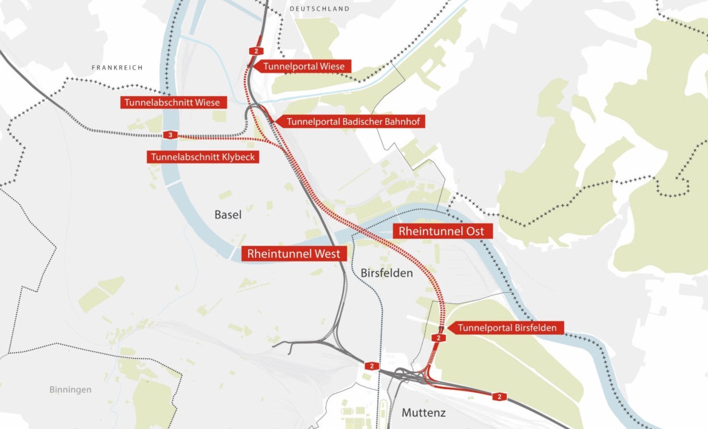 Croquis de planification du tunnel du Rhin. Deux tunnels à deux voies de 3,6 km et 3,8 km de long  seront construits sous le Rhin dès 2029.