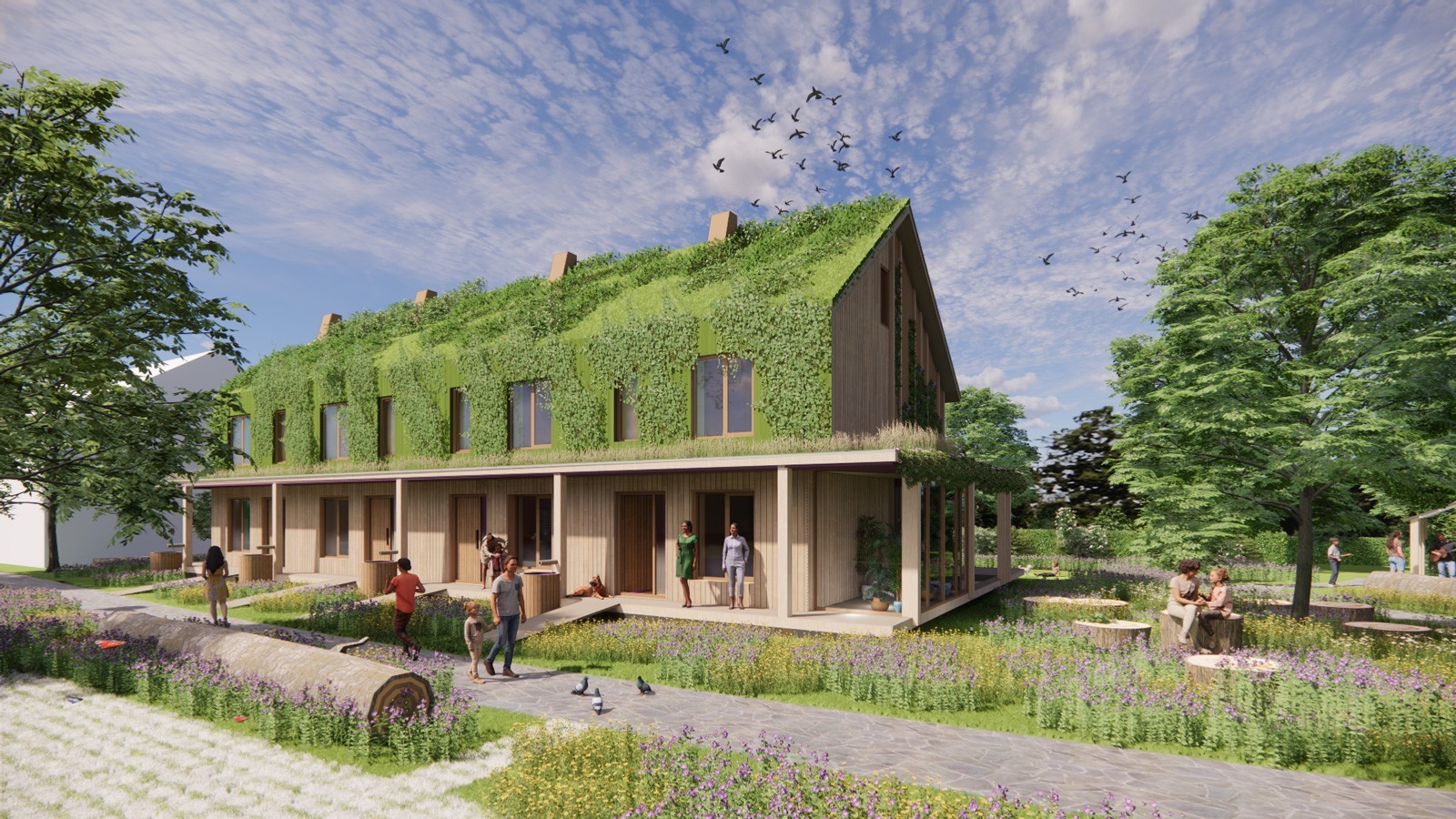 La «Natuurhuis» victorieuse est composée d'éléments en bois remplis de paille compressée et possède un toit vert qui se prolonge par une façade végétalisée.