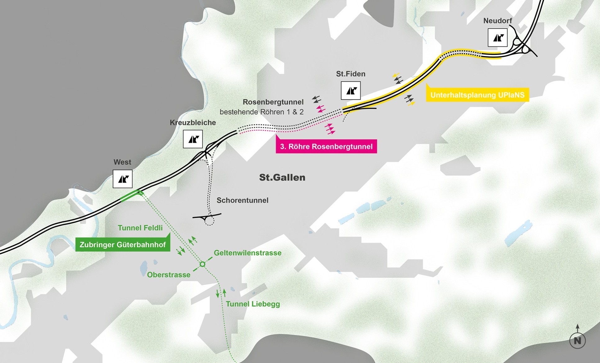 Vue d'ensemble des projets partiels de l'élimination des goulets d'étranglement de Saint-Gall : La bretelle d'accès à la gare de marchandises (en vert), le troisième tube du tunnel de Rosenberg (en rose) et la planification de l'entretien UPlaNS (en jaune