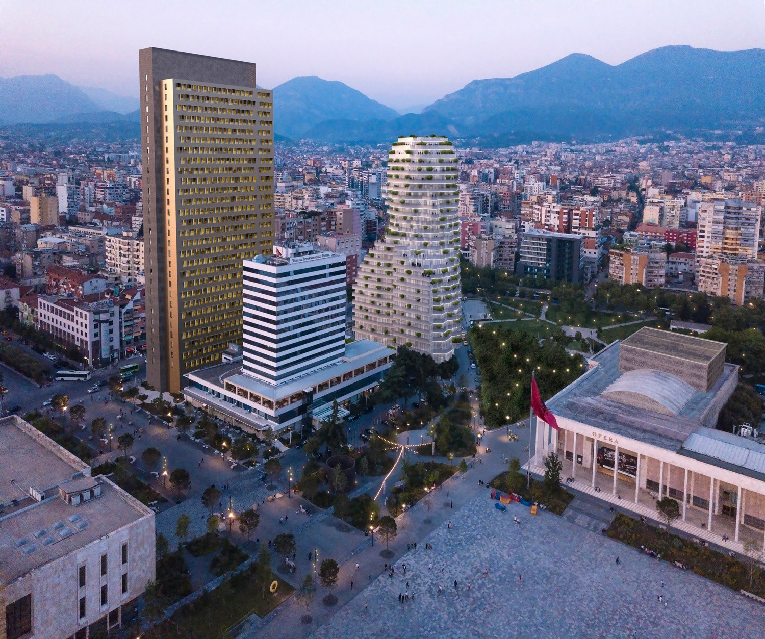 La nuit, la forme de la tête de Skanderbeg sera illuminée par des lumières intégrées dans la partie inférieure des balcons.