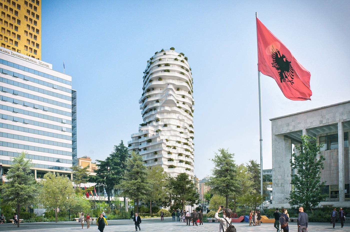 La tour de Tirana représentera le buste de Skanderbeg et les saillies incurvées près des balcons délimiteront les détails du visage comme le nez, les oreilles et la barbe.