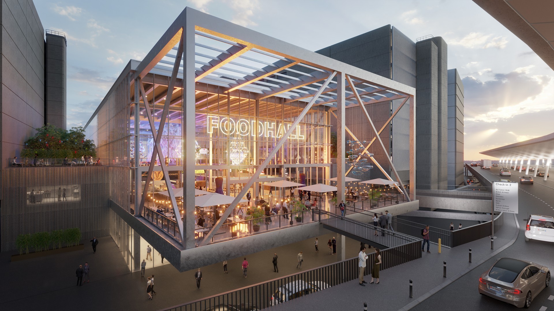 Visualisation: un nouveau «Foodhall» de 12 m de haut sera construit entre les parkings P1 et P2. Il comportera de nombreux stands et spécialités culinaires.