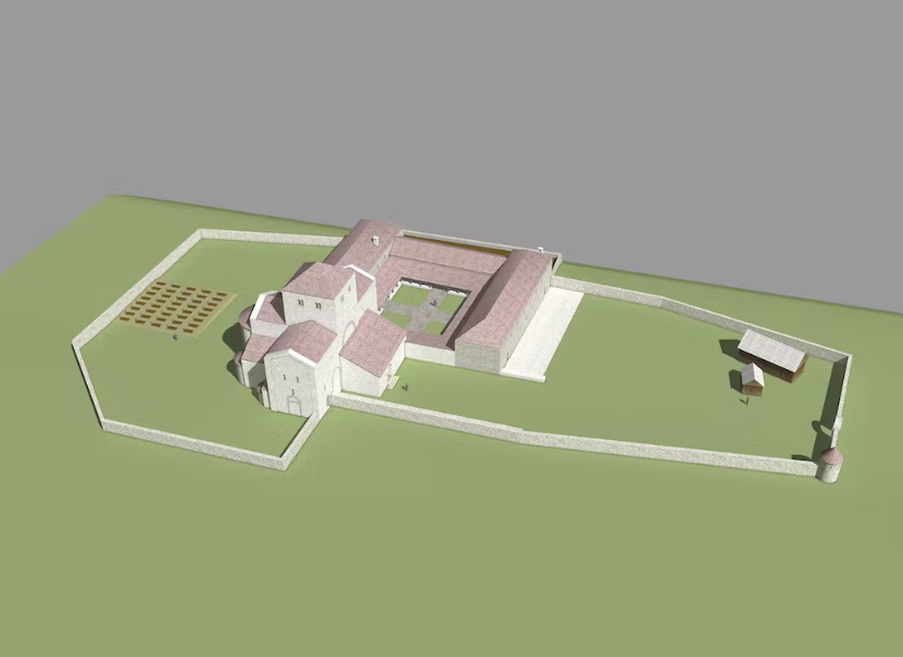 Reconstitution en 3D de l’ancien monastère de Rüeggisberg. Le mur d’enceinte et le corps de ferme ne sont pas attestés archéologiquement.