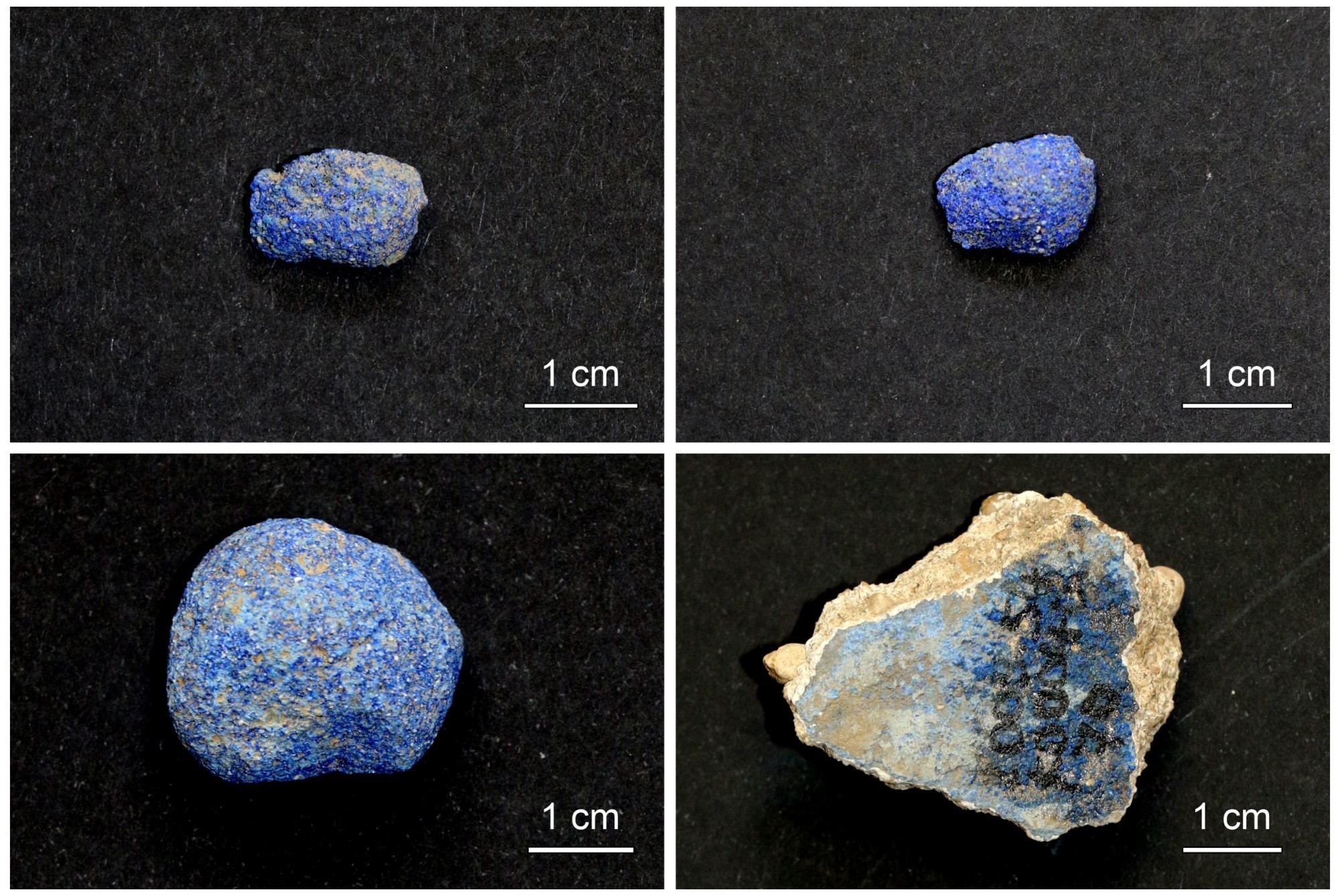 Sphères pigmentaires de bleu d'Egypte et fragment de mur trouvés dans les vestiges archéologiques des anciennes villes romaines d'Aventicum (en haut) et d'Augusta Raurica.