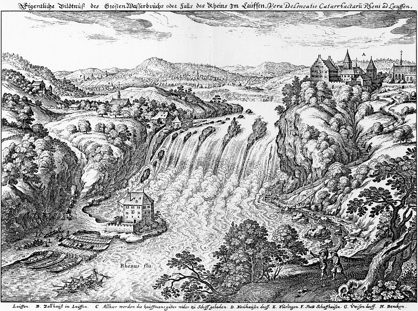 Les chutes du Rhin et le château de Laufen vers 1642. Cette construction représente depuis plus de 1000 ans l'image de la rive gauche du Rhin, juste au-dessus des chutes du Rhin.