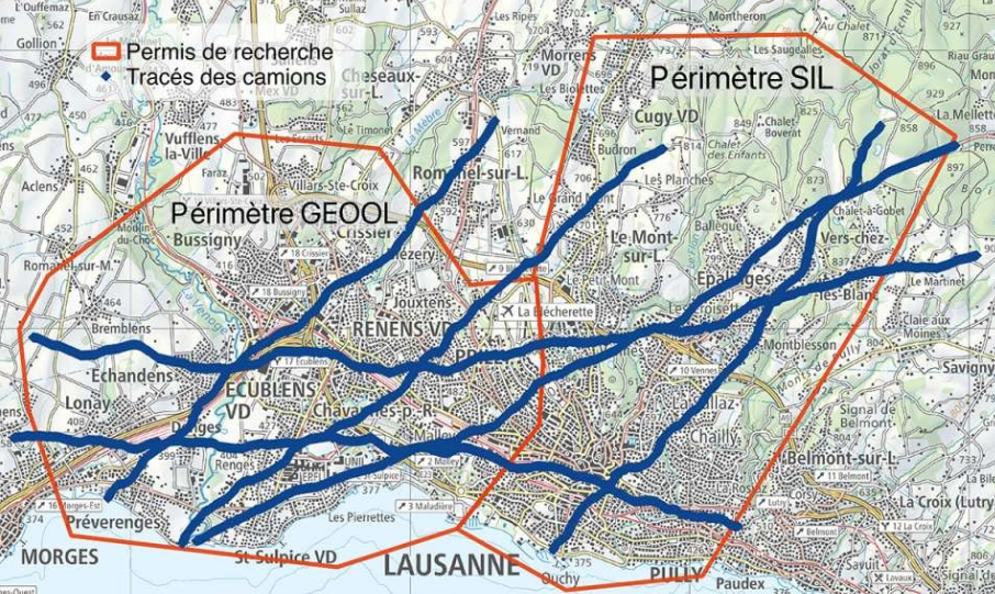 Le plan des lignes dans la cadre des recherches en géothermie de la région lausannoise.