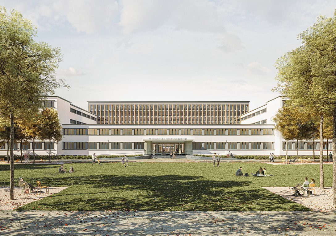Visualisation du projet gagnant pour la transformation et la rénovation de la Bibliothèque nationale suisse.