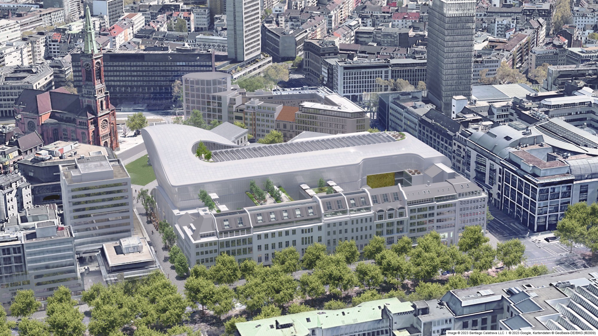 Düsseldorf se dote d'un boulevard Calatrava près de la «Kö», vue du ciel, depuis le nord-ouest.