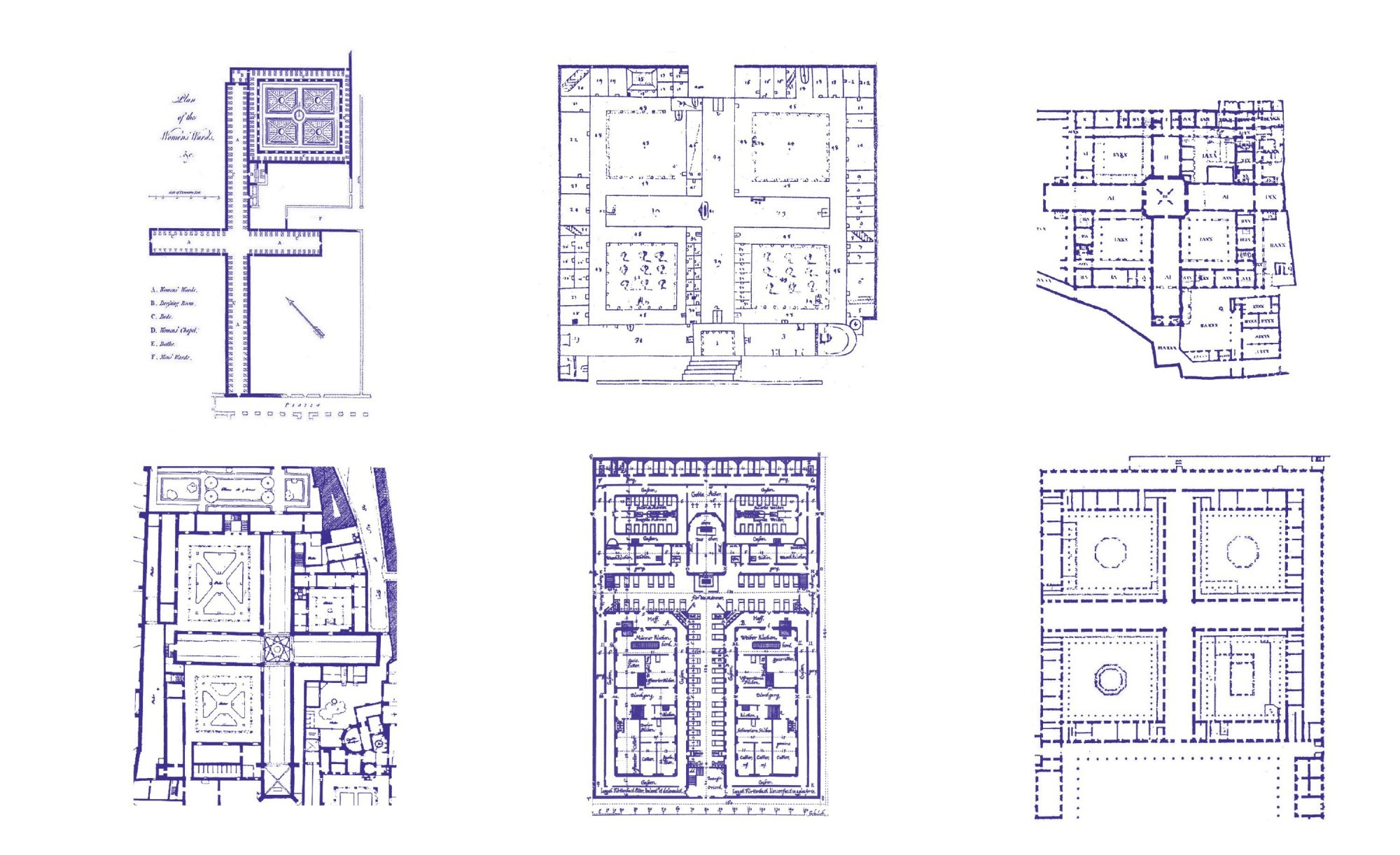 Diagramme des plans d'hospices cruciformes présentés comme cas d'étude dans l'ouvrage.