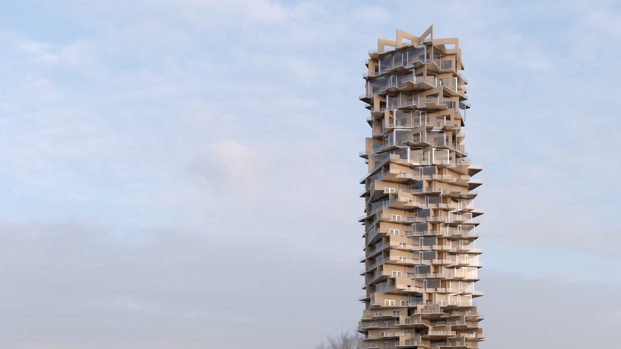 La visualisation du gratte-ciel imaginé par l'architecte Rodriguez représente un édifice construit à l'aide de bois en panneaux contreplaqués empilés les uns sur les autres.