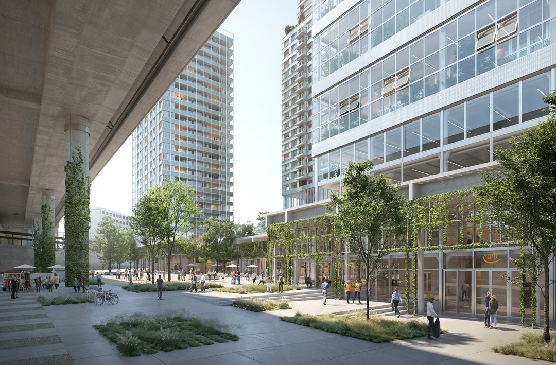 Les espaces libres seront végétalisés de différentes manières. Dans la zone située sous le viaduc ainsi que sur la place de quartier adjacente, il est prévu d'accueillir des manifestations.