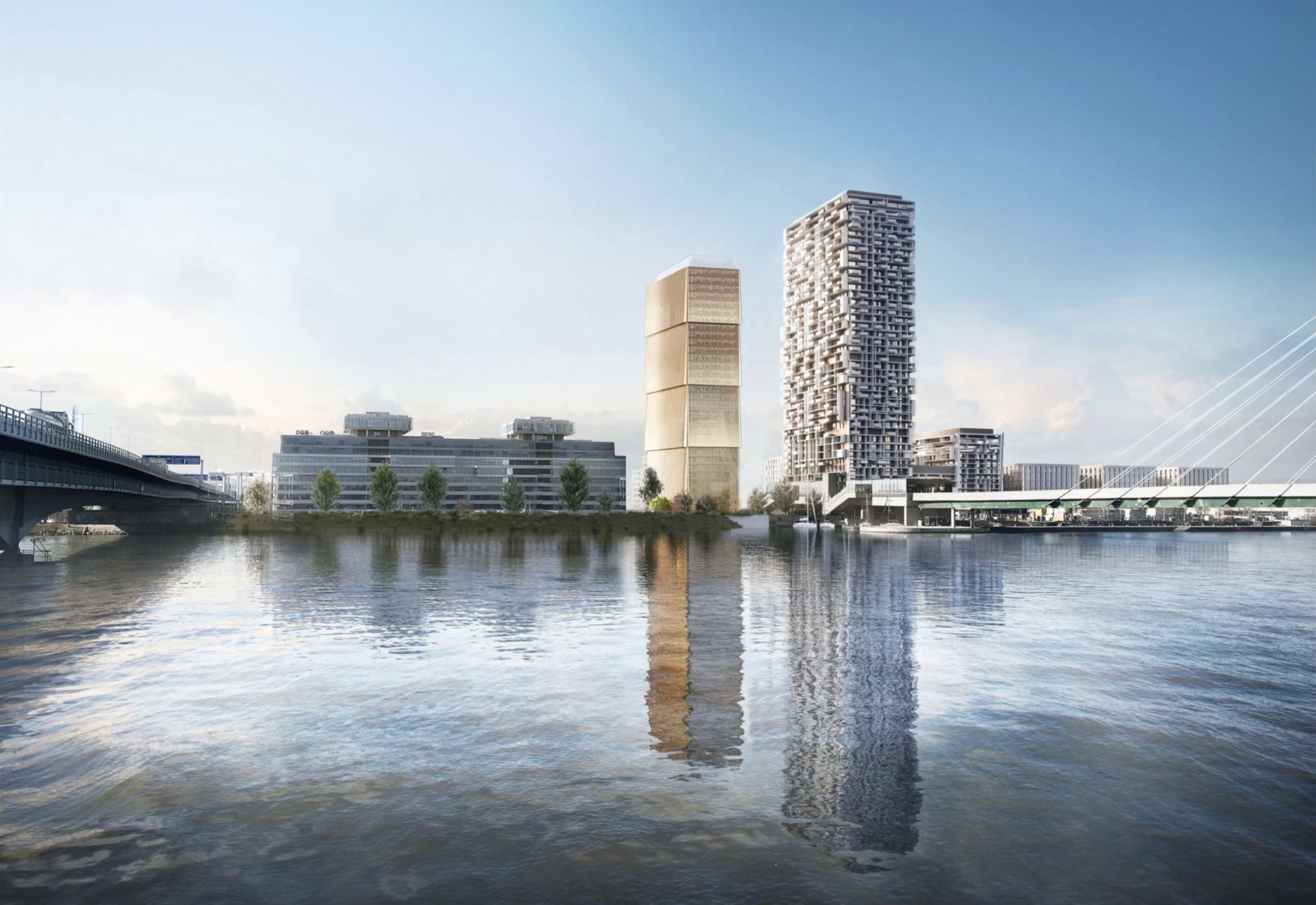 Voici à quoi ressemblera un jour la Donaumarina Tower (à gauche) à Vienne. La tour sera construite juste à côté de la Marina Tower (à droite) achevée en 2022.