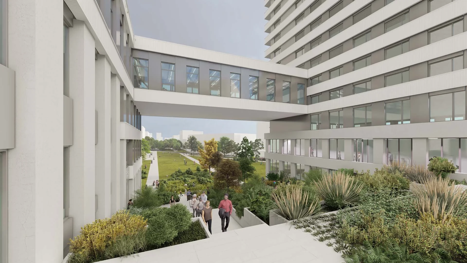 La Piste des Géants passe à travers le bâtiment en créant un jardin en cascade impressionnant et est connectée à l’Innovation Campus voisin par un escalier.