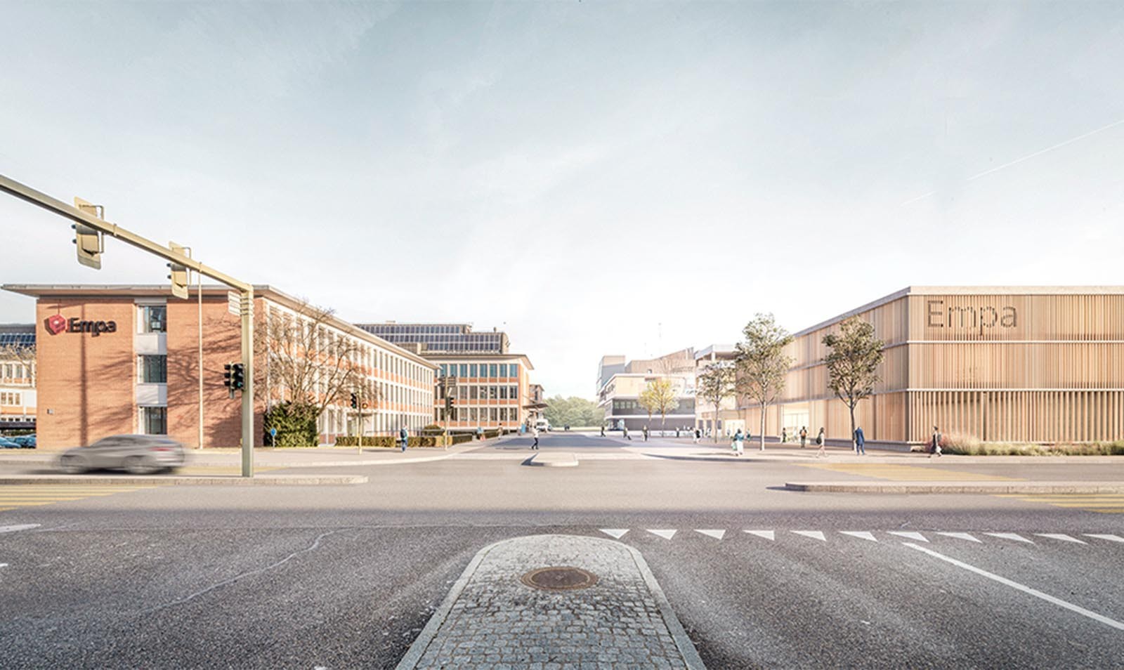 Visualisation de l'accès au futur campus «co-operate» depuis la Überlandstrasse avec le nouveau parking sur la droite.