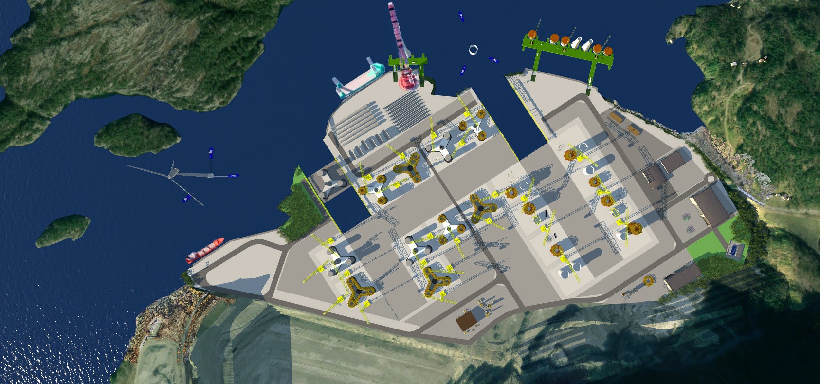 Visualisation du futur site de production et d’assemblage pour l’industrie éolienne offshore flottante à Jelsa en Norvège. Le projet est le fruit d'un partenariat entre Implenia et Norsea.