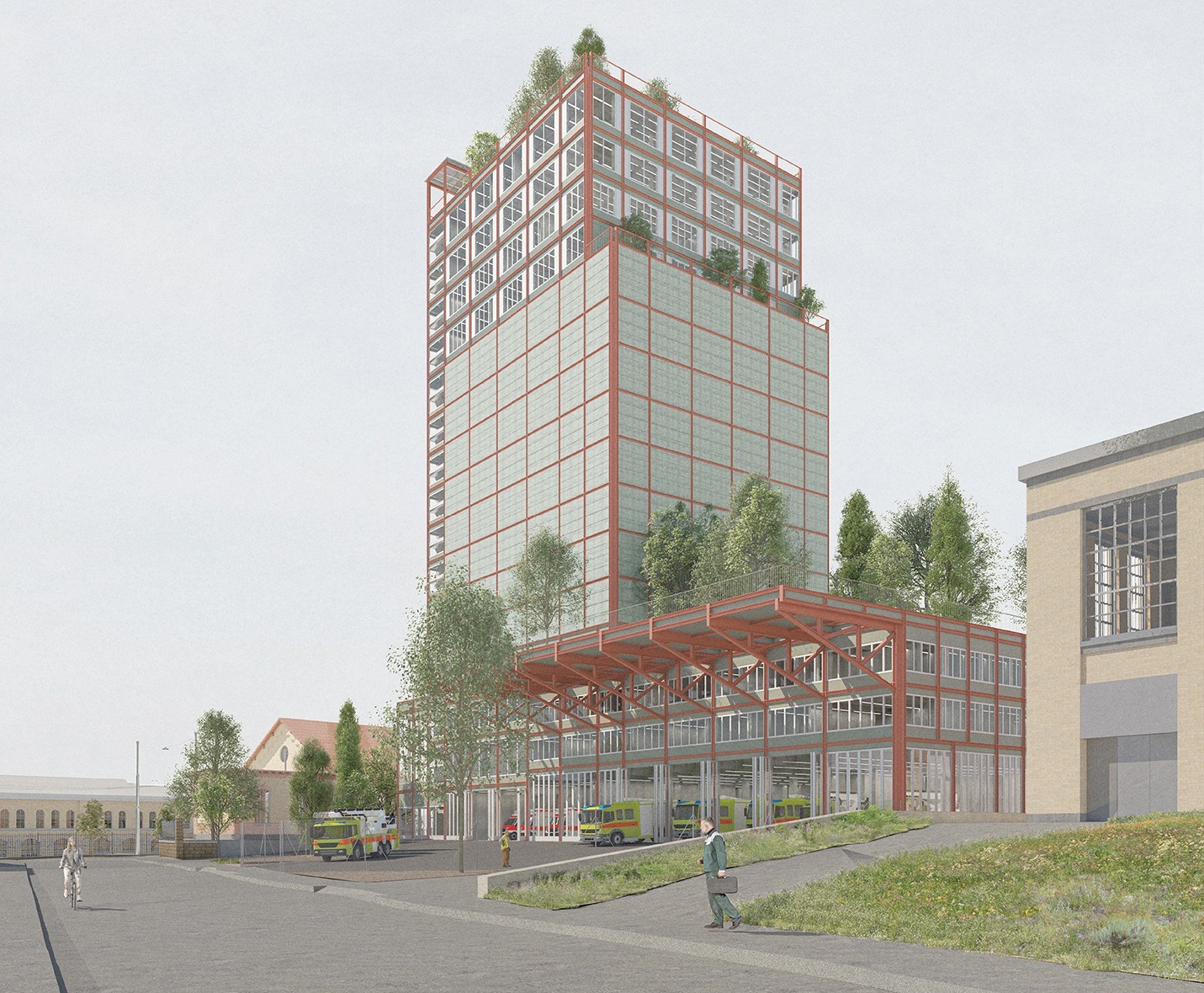 Le projet gagnant «Fortepiano» prévoit un immeuble de grande hauteur reposant sur un socle et empilant les locaux pour la garde du quartier ouest et les archives municipales.