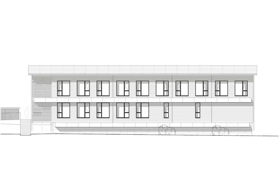 La façade sud du bâtiment provisoire de la Police mobile, construit à Loveresse (BE) en 2025 dans le cadre du projet Avenir Berne romande, se distinguera par sa construction légère en bois et son concept énergétique maximal.