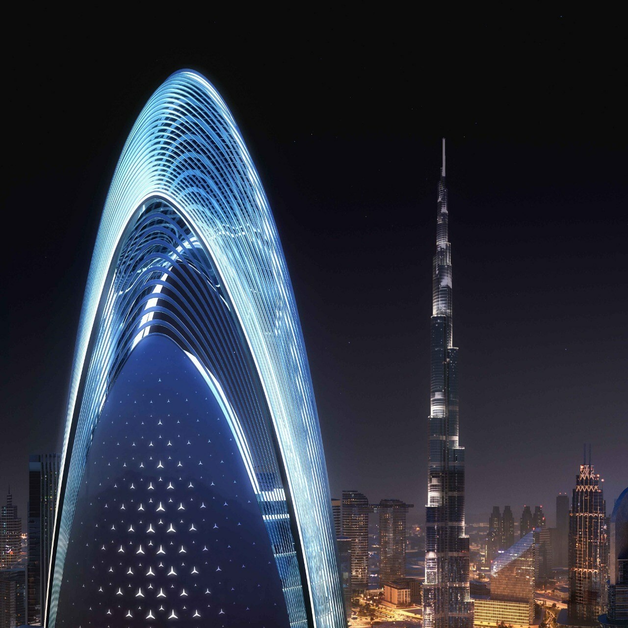 La tour d'habitation Mercedes-Benz devrait prendre place au cœur de Dubaï, avec vue sur le Burj Khalifa.