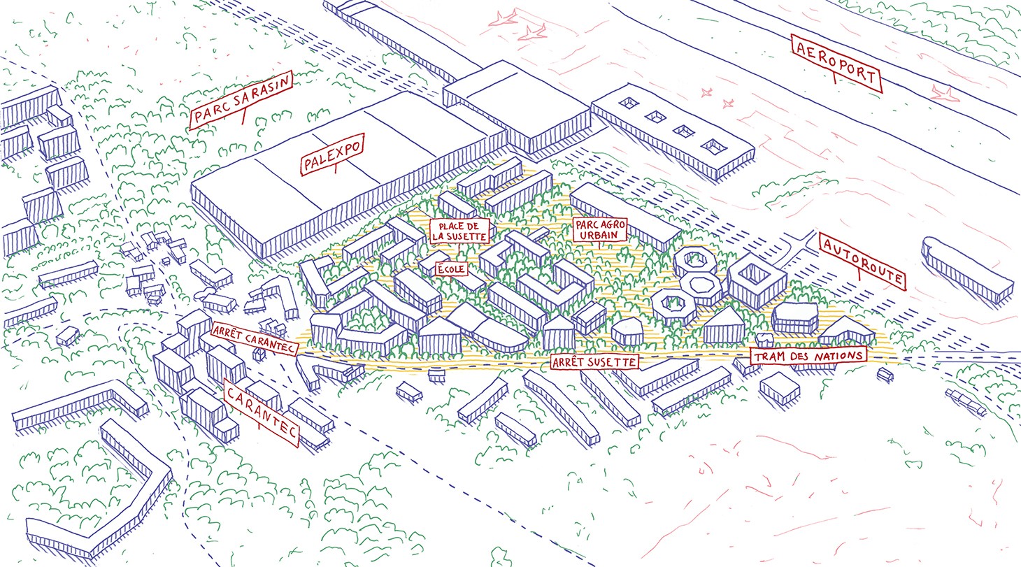 Le secteur de La Susette, situé derrière Palexpo entre l'autoroute et la route de Ferney, fait partie du grand projet Grand-Saconnex. Son développement prévoit la construction de logements, d'activités tertiaires, d'équipements publics et d'un réseau d'es