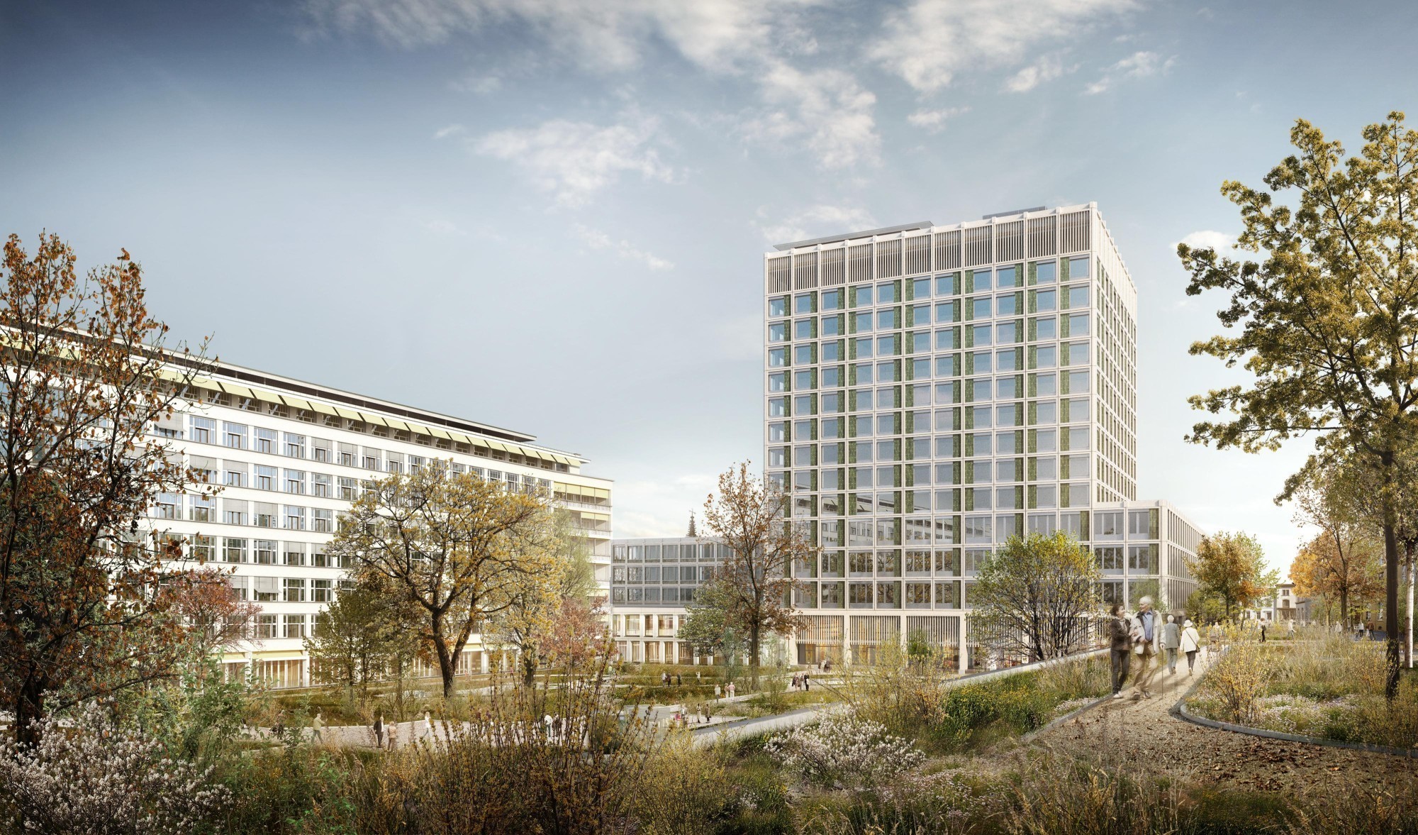 Le nouveau bâtiment de la clinique 2 dans le jardin de l'Hôpital universitaire de Bâle fait partie d'un vaste chantier de rénovation du complexe.