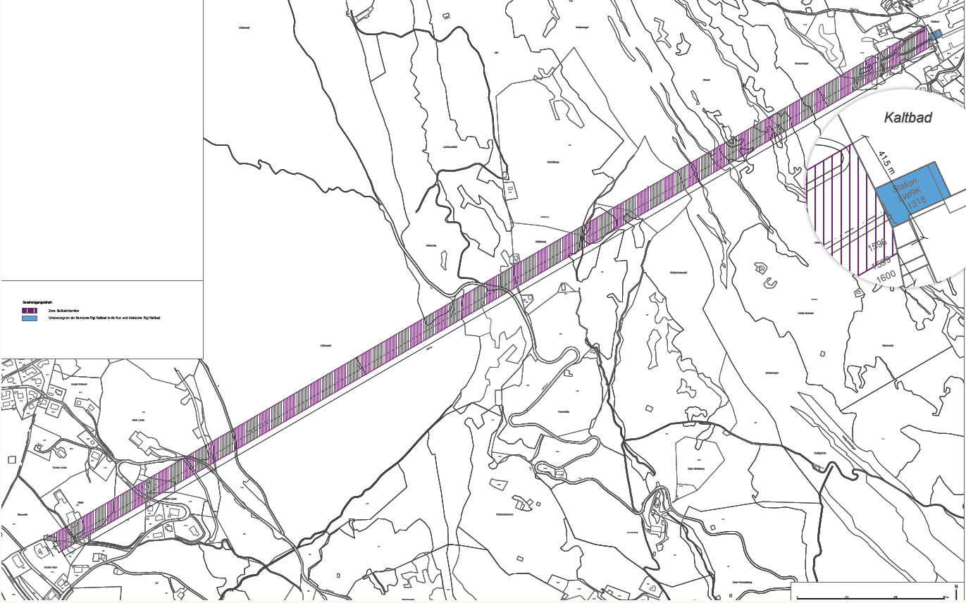 La zone du corridor du téléphérique et le reclassement de la station amont de Rigi Kaltbad sont indiqués sur le plan.