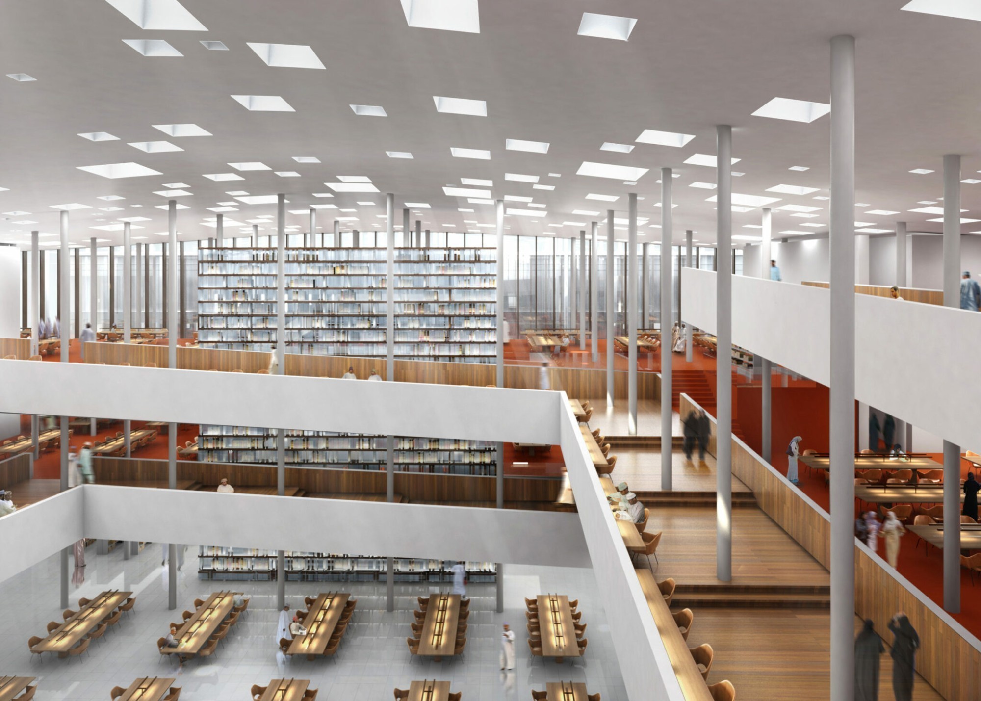 Des espaces modernes et baignés de lumière caractérisent l'intérieur de la bibliothèque nationale.