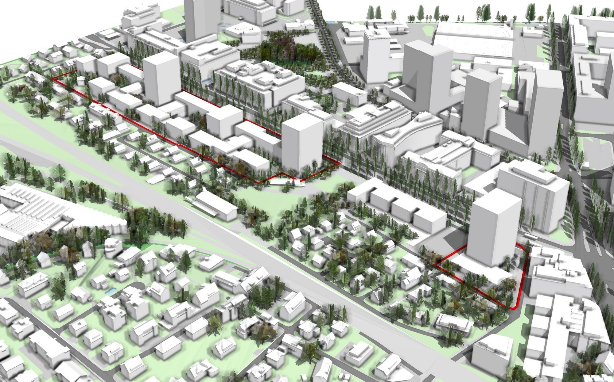 Plan d'aménagement du site de la Thurgauerstrasse avec les sous-secteurs A et C à F. A droite, en rouge se trouve l'emplacement de la tour prévue pour accueillir des appartements pour seniors.